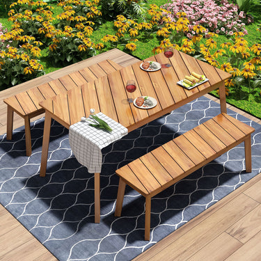 3 Pieces Acacia Wood Table Bench Dining Set for & Furniture with 2