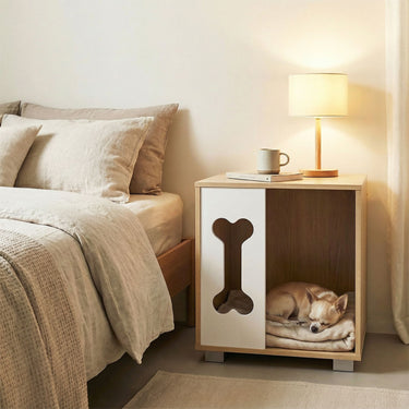 Dog Bed Side Table Wooden Dog Condo with Bone-shape Window and