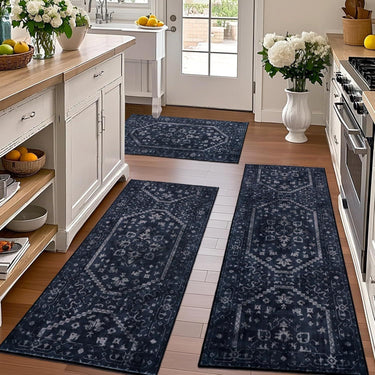 Kitchen Rug Sets of 3 Navy Boho Washable Non Slip Kitchen Mats for