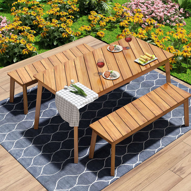 3 Pieces Acacia Wood Table Bench Dining Set for & Furniture with 2