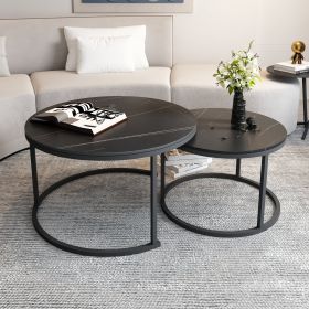 Modern Round Nesting Coffee Table Set of 2 with Black Faux Marble Top,Metal Frame (Color: Black)